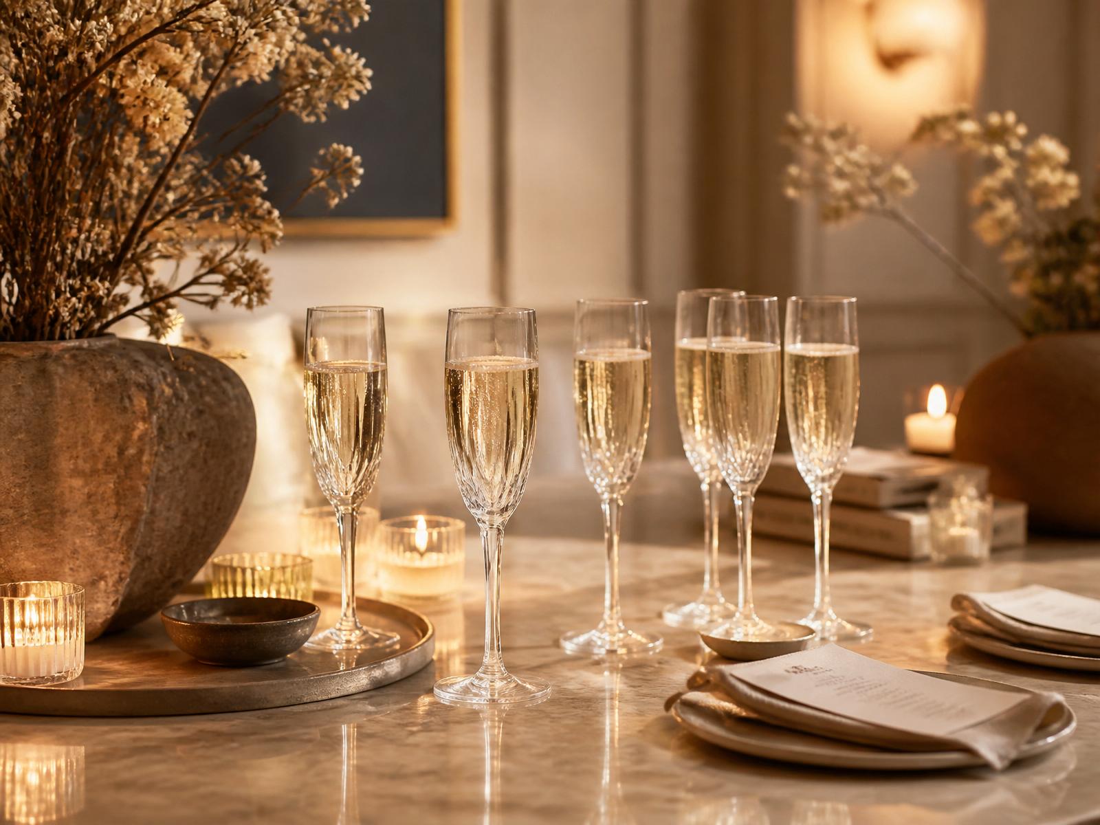 Champagneglas dækket op til salonaften hos Maison La Vue